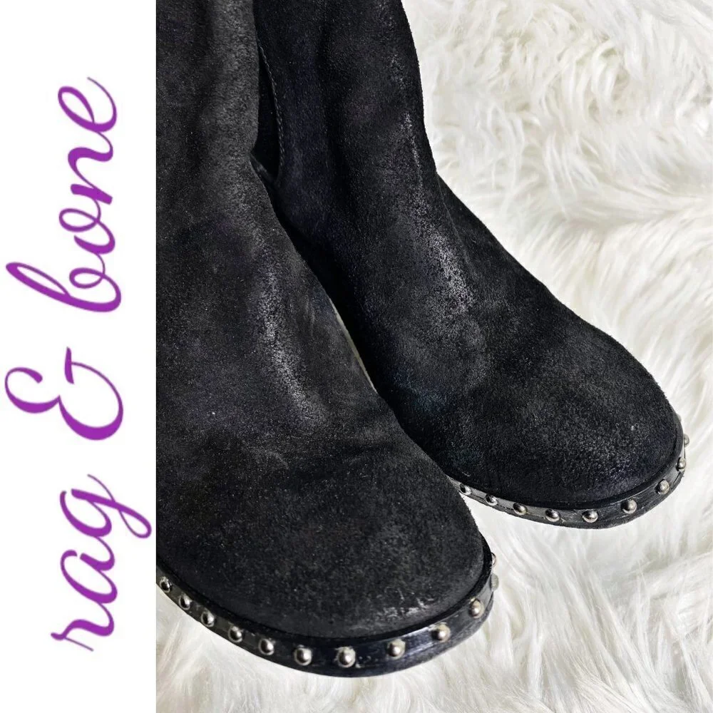 RAG & BONE‎ Romi Black Suede Chelsea Silver Stud Block Heel Bootie, Size 36